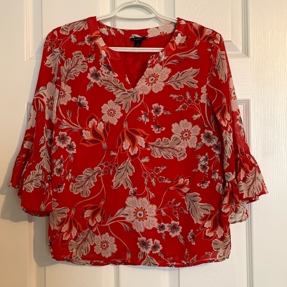 Ann Taylor sheer blouse 3/4 frilled sleeves red floral women’s size extra small